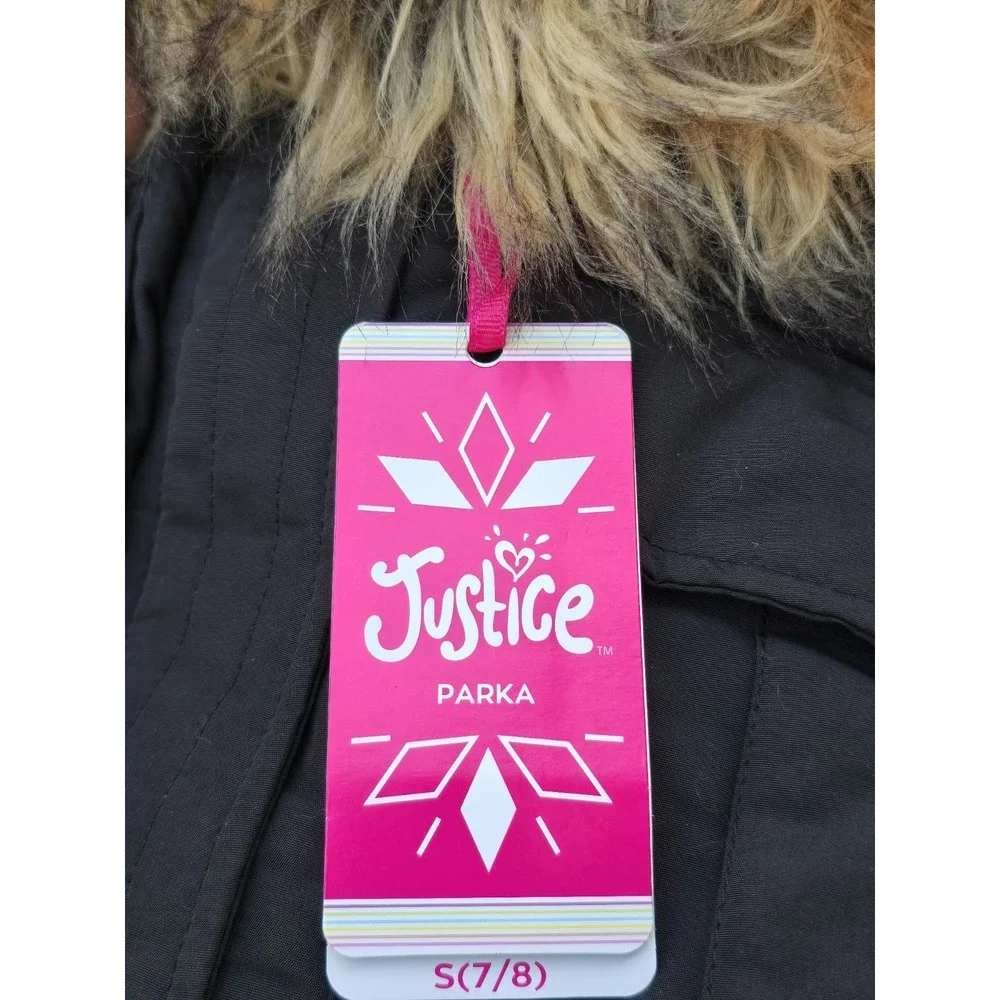 Justice Girls Puffer‎ Jacket Faux Fur Lined With Hood Sz Small 7/8 Black